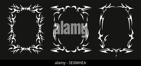 Tribal Y2K tattoo, gothic frames with abstract flame ornaments, sharp pattern, white vector set isolated on black background. Neo tribal rectangular, oval border designs with spiky, horn elements Stock Vector