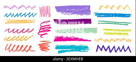 Hand drawn crayon lines, pencil doodles, colorful highlights, strikethrough with playful strokes, realistic vector texture on white background. Emphasis underline marks, color chalk waves and zigzag Stock Vector