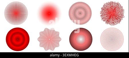 Red concentric circles with ripple effect and radial waves, abstract vector signal icons isolated on white background. Dynamic circular pattern of target, radar, sound, earthquake or vibrant energy Stock Vector