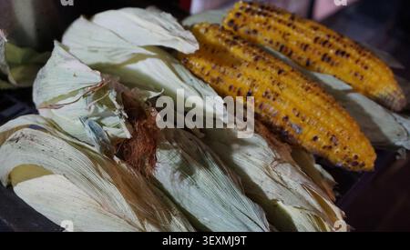 Charcoal Grilled Corn with Fresh Husks Stock Photo