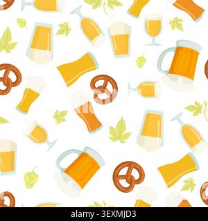 A mug of beer with foam and a Bavarian pretzel, leaves of hops and grapes. Vector illustration. Seamless pattern on the theme of Oktoberfest and beer Stock Vector