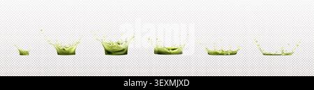 Fresh matcha or green tea splash crowns with dynamic liquid motion effect and falling drops, spatter, realistic vector water explosion isolated on transparent background. Herbal drink packaging design Stock Vector