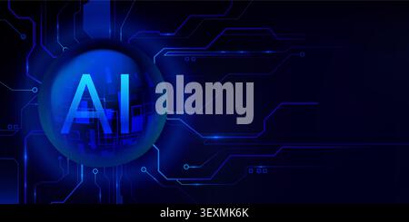 Futuristic ai technology background with neon blue globe, glowing circuit line pattern on black. Vector abstract illustration of global connecting system, tech backdrop, world network frame design Stock Vector