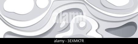 Layered paper topographic background with abstract waves and hills, grey gradient depths and white paper cut relief patterns, vector illustration. Origami map design for ocean or mountains landscape Stock Vector