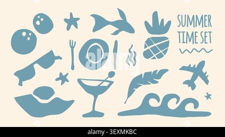 Boho summer beach icons with sea waves, starfish, plane and sunglasses, simple vector stickers, blue groovy prints on background . Minimal tropical coastal patterns, hand drawn design elements Stock Vector