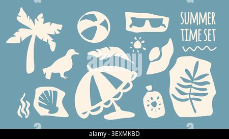 Boho summer beach icons with palm trees, sea gull and shell, umbrella and sun, simple vector stickers, groovy prints on blue background . Minimal tropical coastal patterns, hand drawn design elements Stock Vector