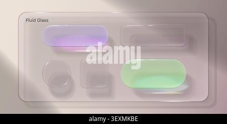 Transparent liquid glass ui buttons with fluid texture, blur effect, modern 3d vector design elements on background. Glassmorphism frame icons, search bar for futuristic app interface and web design Stock Vector