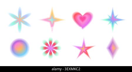 Y2K gradient icons set isolated on white. Vector realistic illustration of blurred rainbow color flower, star, spot with aura glow effect, abstract soft dreamy figures for retro aesthetic design Stock Vector
