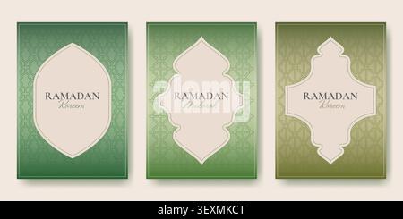 Islamic Eid Mubarak posters design with ornamental arch frame, geometric arabesque pattern. Vector realistic illustration of luxury greeting card with oriental border and abstract ornament Stock Vector