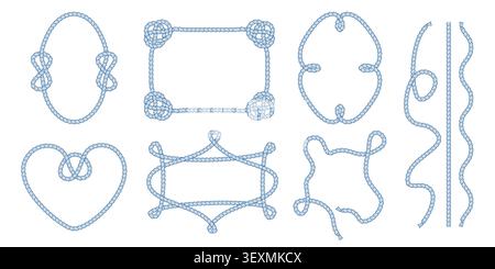 Nautical rope frames in various shapes isolated on background. Vector realistic set of oval, square and heart borders with marine knots, sailing poster design elements, vintage sea boat decorations Stock Vector