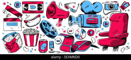 Hand drawn cinema doodles with film camera, popcorn and chips, movie tickets and chair. Retro entertainment sketch vector icons, red seat and clapper board for theater and festival art design Stock Vector