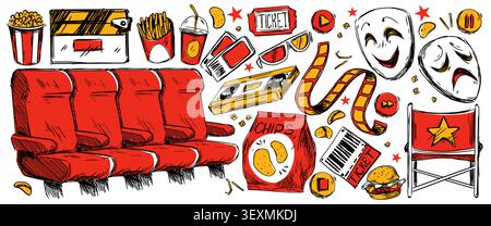 Hand drawn cinema doodles with film stripe, popcorn and chips, movie tickets and chairs row. Retro entertainment sketch vector icons, director seat and comedy mask for theater and festival art design Stock Vector