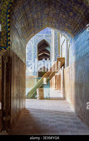 Vertical shot through a corridor with a vaulted ceiling covered in blue tiles. In the background, protected by glass panels, a large oblique stone bea Stock Photo