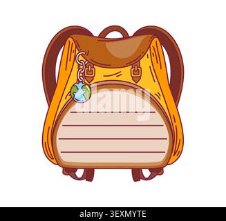 Travel yellow backpack kids memo note template. Summer vacation travel label, holiday journey planner vector frame. Tourism trip kids memo note with y Stock Vector