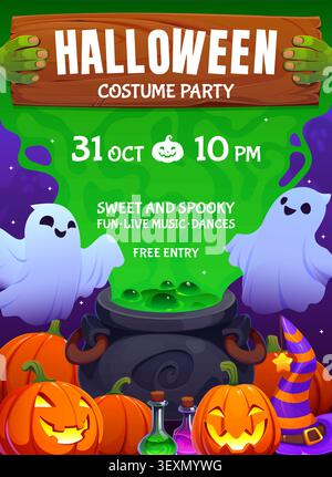 Halloween costume holiday party flyer with ghosts and witch cauldron of green magic potion. Autumn season vector flyer. Halloween party poster with pu Stock Vector