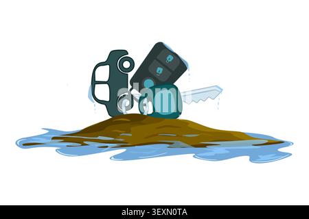 Lost car keys in water puddle. Vehicle key fob dropped in mud. Car remote in dirt.Roadside assistance, auto insurance, all keys lost service.Vector Stock Vector