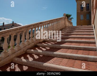 Staircase of the Monte Carmelo convent, a Catholic place of worship located in the municipality of Loano in Liguria. Stock Photo