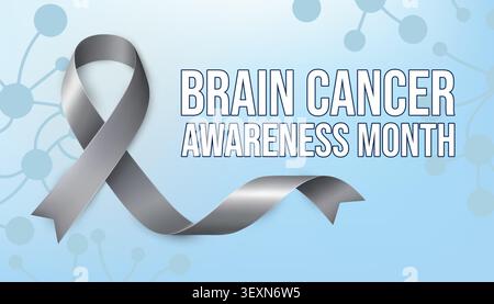 Brain Cancer Awareness Month Grey Ribbon with text on a light blue gradient background vector illustration Stock Vector