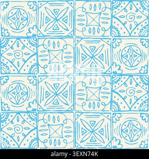 Amalfi style blue tile majolica seamless pattern. Coastal stylized Italian retro square background with whimsical vibe. Mediterranean aesthetic amalfi Stock Vector