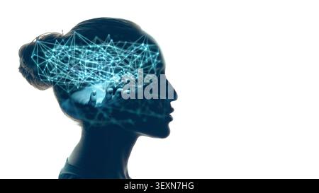 Double exposure of Human profile and digital glowing neon lines and abstract neural network inside his head. Artificial intelligence concept. Stock Photo