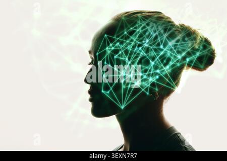 Double exposure of Woman head profile and digital glowing neon lines and abstract neural network inside her head. Artificial intelligence concept. Stock Photo
