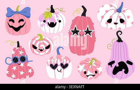 Cute pink pumpkins with funny faces vector set Stock Vector