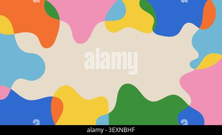Fun colorful abstract frame with fluid overlapping organic shapes and copy space on beige background Stock Vector