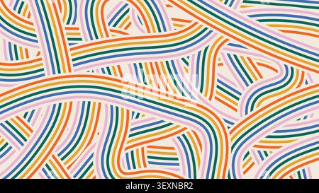 Retro 70s funky pattern with rainbow colored striped ribbons on beige background Stock Vector