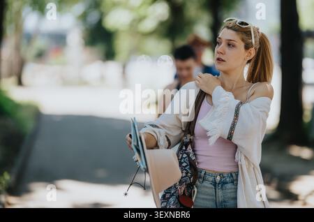 Young female tourist looking at map with backpack and hat on a sunny city street Stock Photo