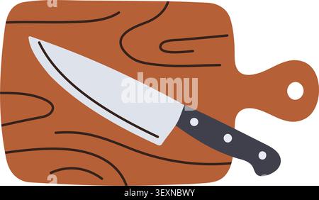 Hand-drawn wooden cutting board and chefs knife isolated on white background. Stock Vector