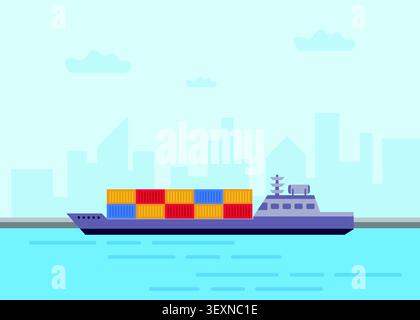 A flat design vector illustration of a large cargo vessel loaded with multi-colored freight containers sailing near a metropolitan city harbor skyline Stock Vector
