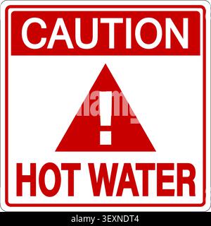 Caution hot water, warning sign with triangle symbol and exclamation point in the middle and texts in upper e lower side. Square shape, red and white Stock Vector