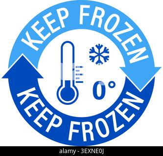 Keep frozen, food label. Sign with the thermometer and snowflake symbols inside a circle made of curved arrows. Circle text. Stock Vector