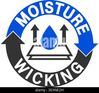 Moisture wicking. Blue and black information label sign with symbol and circle text. Stock Vector