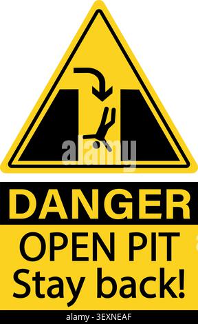 Danger, open pit. Stay back. Warning yellow triangle sign with a silhouette of person falling and directional arrow. Text. Stock Vector