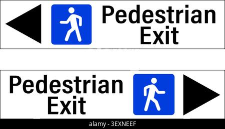 Two Pedestrian Exit signs, one with arrow pointing left, the other ponting right, with silhouette of person walking and text. Rectangle shape. Stock Vector