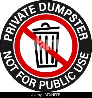 Private dumpster, not for public use. Ban sign with symbol circle text. Sticker, round shape. Stock Vector