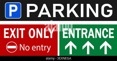 Parking lot sign on black background, entrance sign on green background and exit only sign on red. Information sign of garage parking with texts, Stock Vector