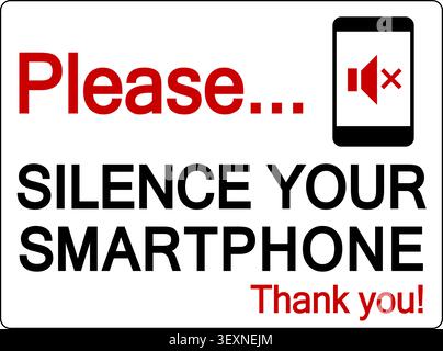 Please silence your smartphone, thank you. Warning sign with smartphone silhouette, mute taste icon and text. Stock Vector