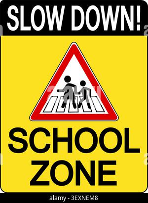 Slow down, school zone. Warning triangle sign with people on crosswalk inside a yellow signboard. Text above e below. Stock Vector
