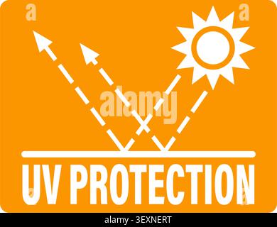 UV protection. Label sign with sun rays bouncing off a surface. Text below. Stock Vector
