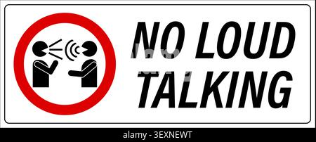 No loud talking in this area. Prohibition sign with pictogram of two person speak loudly and text by side. Horizontal shape, sticker. Stock Vector