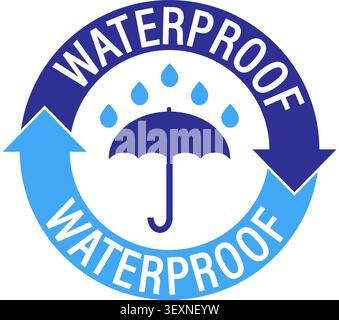 Waterproof label sign with the silhouette of umbrella and rain drops in a circle made of curved arrows with two shades of blue. White background. Stock Vector
