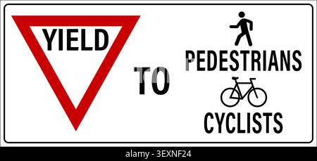 Yield to pedestrians and cyclists. Road sign with give way symbol, symbols of person walking, bicycle and text. Stock Vector