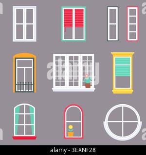 Window Styles with Colorful Frames Blinds and Cactus Flat Vector Illustration Set Stock Vector