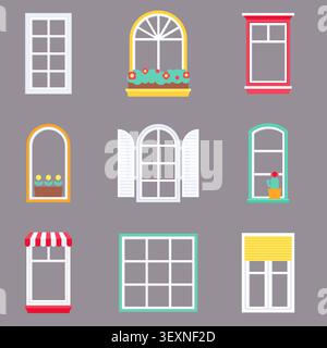 Window Styles with Flower Boxes Shutters Awning and Cactus Flat Vector Illustration Set Stock Vector