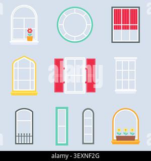 Colorful Window Styles with Shutters and Flower Pots Flat Vector Illustration Set Stock Vector