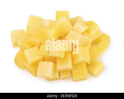 Pile of raw peeled potato cut into cubes, isolated on white background, side view Stock Photo