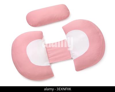 Pink orthopedic pregnancy pillow with bolster for belly and back support, isolated on white background Stock Photo