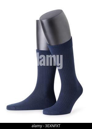 Dark blue classic men's ribbed socks on black leg mannequins, isolated on white background, original product photo Stock Photo